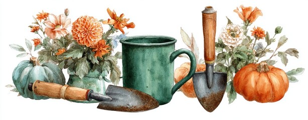 Watercolor still life pumpkins, flowers, gardening tools, and a mug