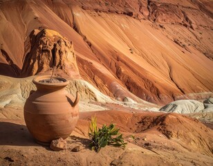 Traditional Clay Pot Beside Colorful Desert Landscape