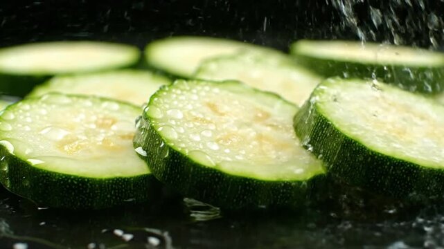 Fresh cucumber slices splashing into water on black background