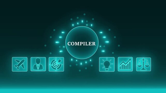 Digital compiler technology concept with global network connections and abstract icons representing business innovation growth and launch. 4K video animation on blue background.