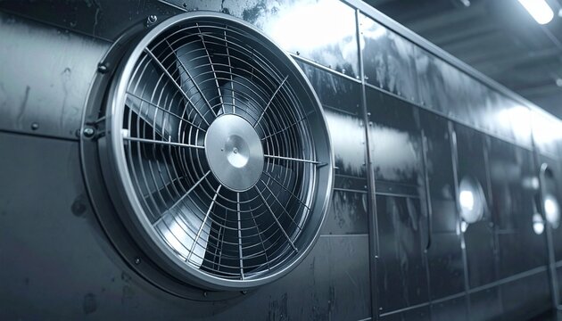 Industrial fan installed on a metallic wall in a modern facility with reflections and overhead lighting