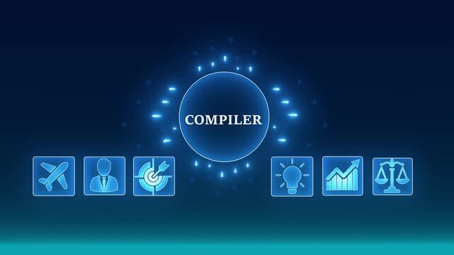 Digital compiler technology concept with global network connections and abstract icons representing business innovation growth and launch. 4K video animation on blue background.