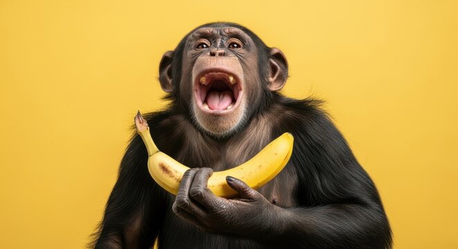 Chimpanzee holding banana with mouth open