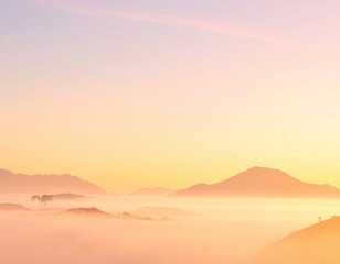 Serene Sunrise Over Misty Mountains and Soft Clouds in Pink Hues