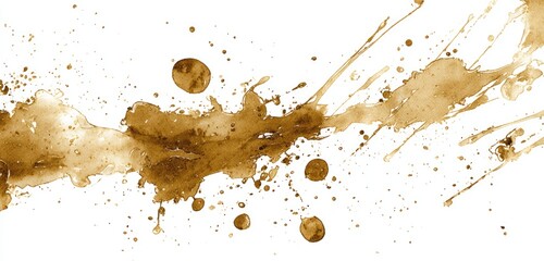 A splattered pattern of brown fluid on white, with droplets and streaks