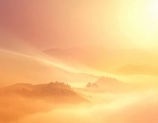 Serene Sunrise Over Misty Hillscape with Soft Golden Glow