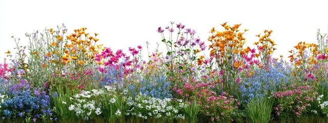 A vibrant row of diverse wildflowers in full bloom against a white background