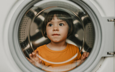 Cute Toddler Child Looking Through Washing Machine Glass Door from Inside for Childhood Curiosity Concept