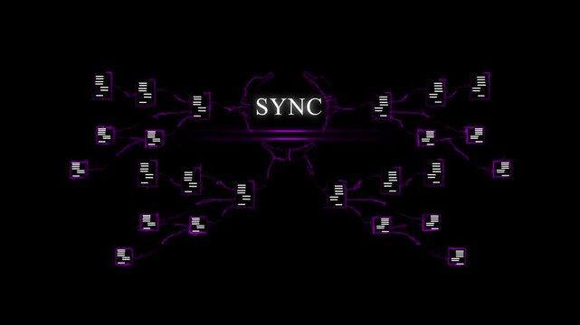 Futuristic Digital Network Syncing with Glowing Purple Connections and Data Flow Visualization data syncing