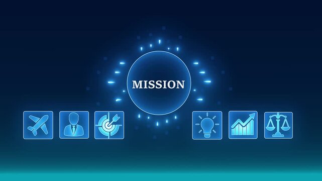 Futuristic digital network connecting mission objectives icons representing business growth innovation teamwork and launch success with glowing blue dark background ..
