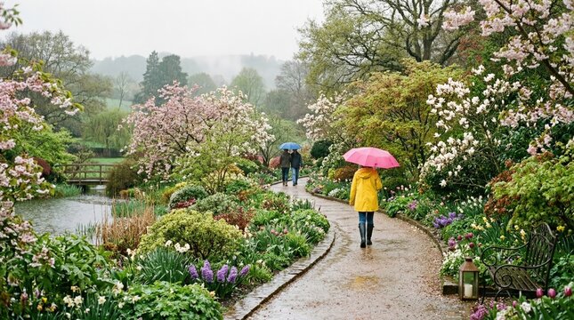 People strolling on a paved path in a lush botanical garden on a rainy day, creating a peaceful and serene environment. 