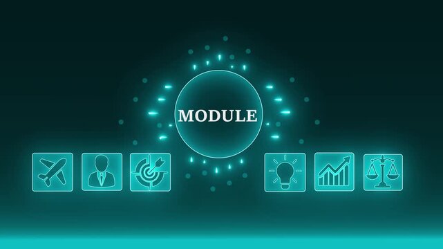 Futuristic digital module interface with glowing icons representing business innovation growth and technology concepts on 4K video animation a dark blue background. 