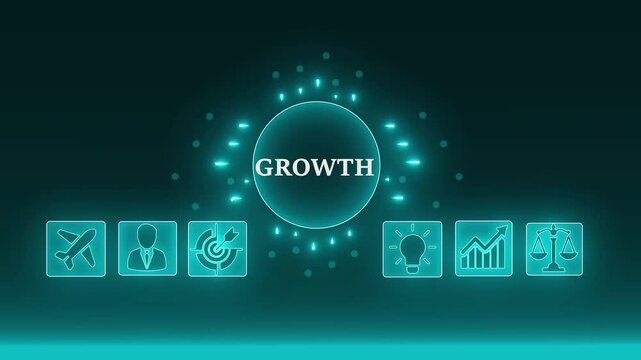 Digital growth concept with interconnected icons representing business innovation sustainability and launch success on a dark blue background. 4K video animation on blue background.
