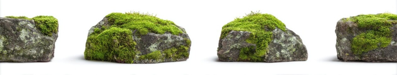 Four moss-covered rocks sit on a white background. Each has green moss growing atop it