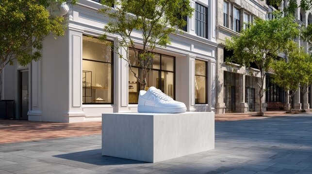 Modern White Sneaker Sculpture on Urban Pedestal Display