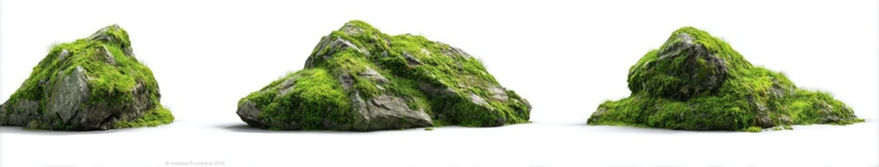 Three moss-covered rocks sit on white, varying in size, with bright green vegetation