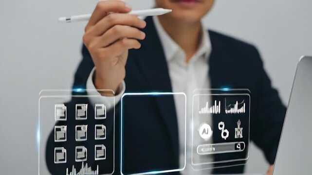 Modern digital interface with icons and charts, representing data analysis and artificial intelligence technology in business
