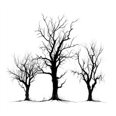 Three stark, leafless trees against a white background, in black and grey tones