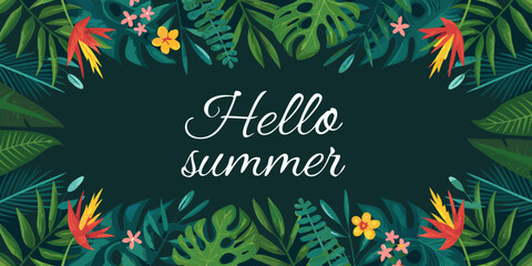 Tropical foliage and flowers frame a summery hello message