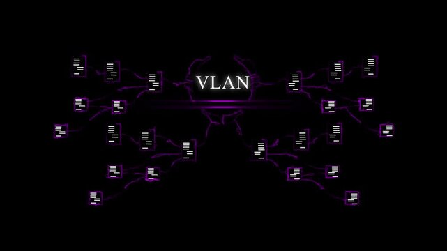Abstract digital network visualization of interconnected V L A N nodes with glowing purple connections on black background