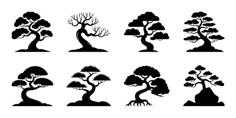 Eight distinct black and white tree illustrations showcasing various tree styles Vector © AZIFA