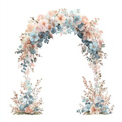 Delicate floral archway with cascading roses and blue blossoms