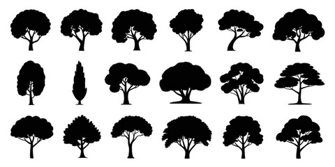 A collection of diverse tree silhouettes against a white background Vector © AZIFA