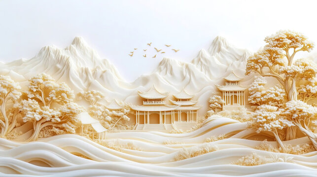 Chinese-style gilded landscape pavilion art illustration