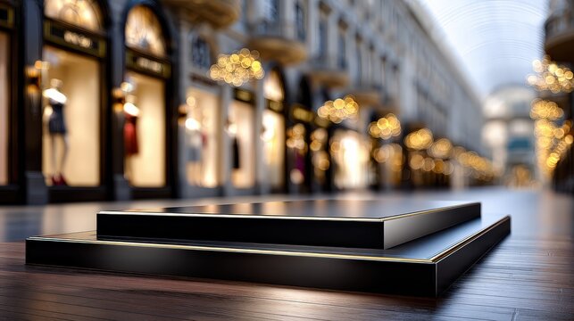 Luxury Black Podium Display in Upscale Shopping Mall Arcade