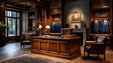 Fototapeta premium Luxury Bespoke Tailor Shop Interior with Classic Wood Desk