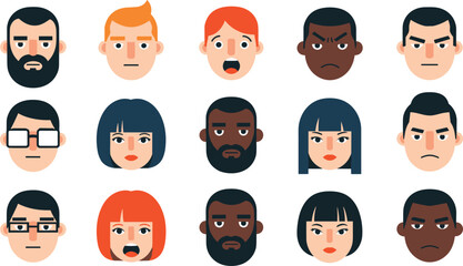 Diverse People Avatar Icon Set with Different Facial Expressions Multicultural Male and Female Characters Flat Vector Portrait Collection for User Profile Design.