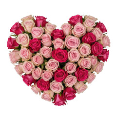 A heart-shaped arrangement of red and pink roses with green leaves
