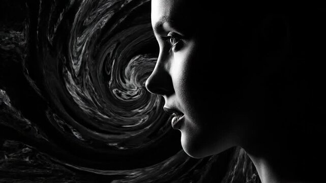 Profile of a person's face set against a swirling background, rendered in grayscale