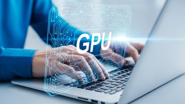 GPU acceleration concept showing businessman using laptop with graphic processing unit interface. High performance computing, data processing, parallel computing, and hardware optimization technology.