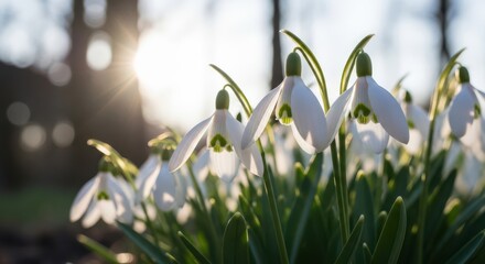 Obraz premium Snowdrops Spring Flowers Backlit Sun Flare