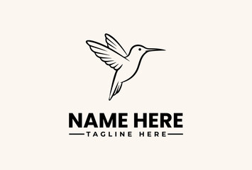 A minimalist logo featuring a flying hummingbird in black line art, with placeholder text 'NAME HERE' and 'TAGLINE HERE' on a clean white background.