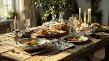 POV setting a rustic table for lunch .