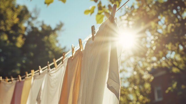 POV pulling laundry from a sunlit clothesline .