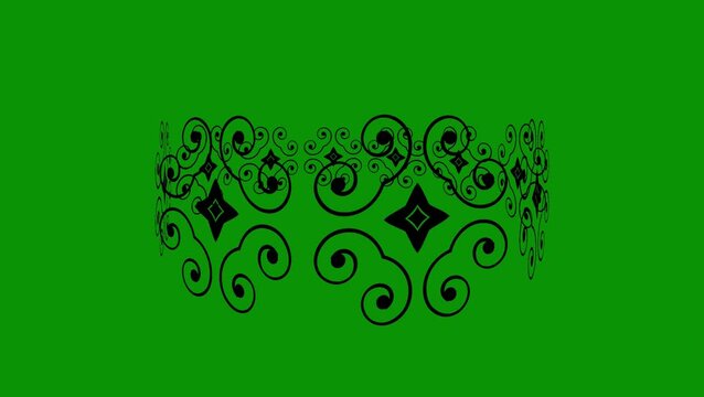 Rotating black ornate filigree pattern on green screen. decorative scrollwork.