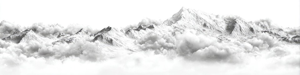 A grayscale depiction of snow-capped mountains peaking through a sea of fluffy clouds