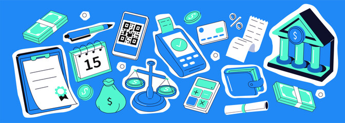 Fototapeta na wymiar Calculator, bank, calendar, cash money, receipt financial set. Tax reporting, calculation, payment, transactions collage cutout elements. Vector illustration. 