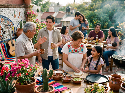 A happy multi-generational Hispanic family enjoys a traditional barbecue dinner on a sunny rooftop terrace, with grandparents, parents, and children laughing while preparing fresh Mexican food