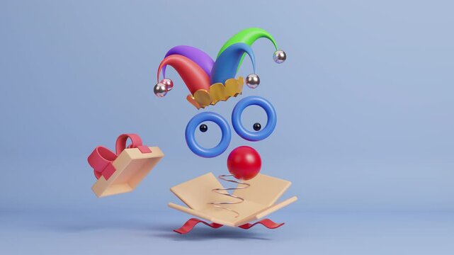 April fools day with head clown, surprise box and funny prank and looping playful motion on a bright colorful background design for april fools day event. Playful and colorful 3d animation celebrate