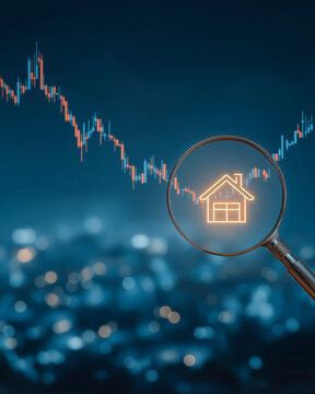 Real Estate Analysis: An illuminating image of a magnifying glass highlighting a house icon with a graph line background, representing property analysis and investment strategy.