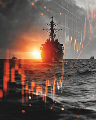 Fototapeta premium Naval Power and Market Volatility: A battleship navigating the open ocean under a dramatic sunset. The image incorporates stock market charts.