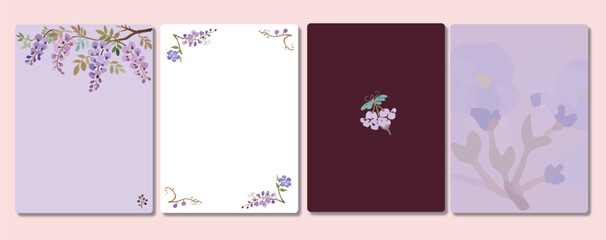 A series of exquisite wisteria spring elements, including poster backgrounds, invitation cards, letter paper, and invitations