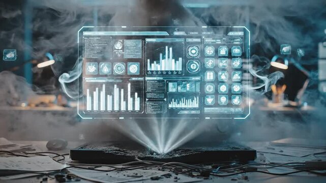 A dark office with smoke and blue screens exploding with papers and laptops in disarray in the background, possibly depicting a dramatic event or hackathon