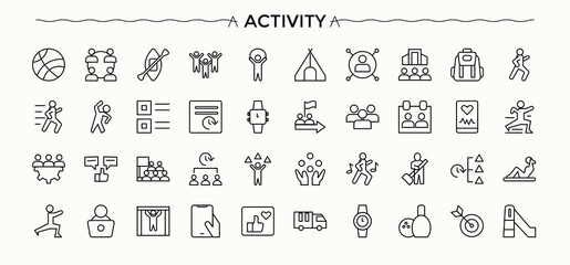 Activity line icon set. Featuring fishing, adventure, hobby, hiking, lifestyle and more. Interest icon set. Minimalist icons collection. Editable stroke. Vector collection.