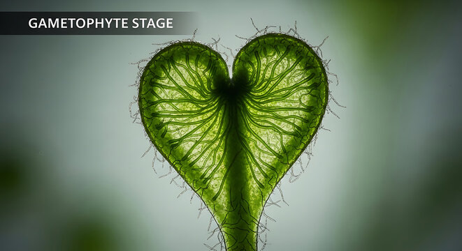 Green heartshaped fern prothallus gametophyte stage isolated on gradient background with fine hairs and visible veins and texture