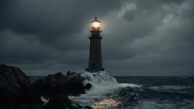 Lighthouse on rocky coastline warns of danger on stormy night with turbulent waves